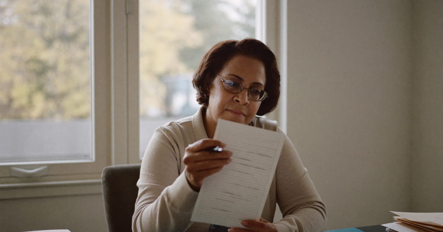 Bookkeeper reviewing a printed checklist at her desk beside a window in autumn light