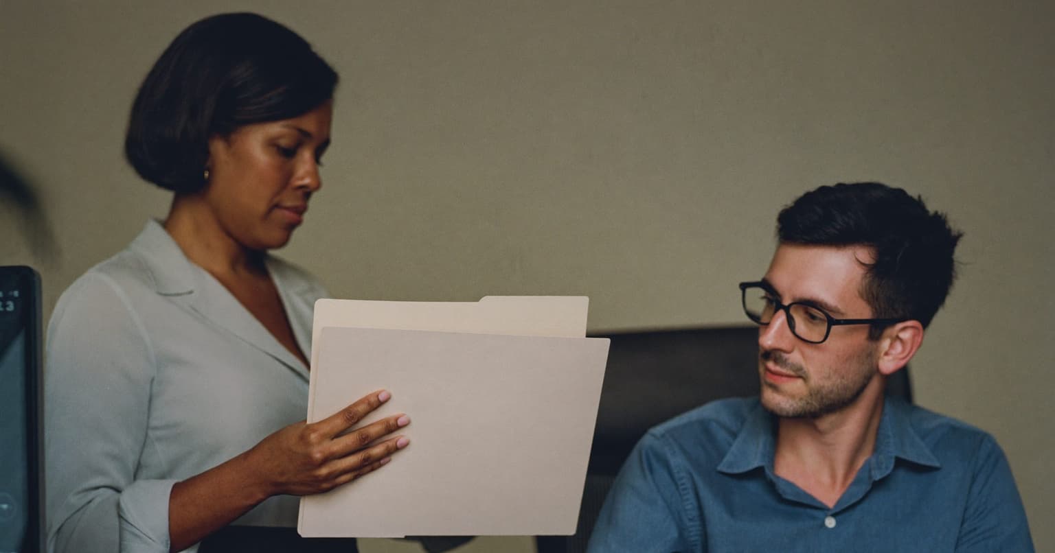 Senior accountant handing a client folder to a colleague for review in a small accounting office