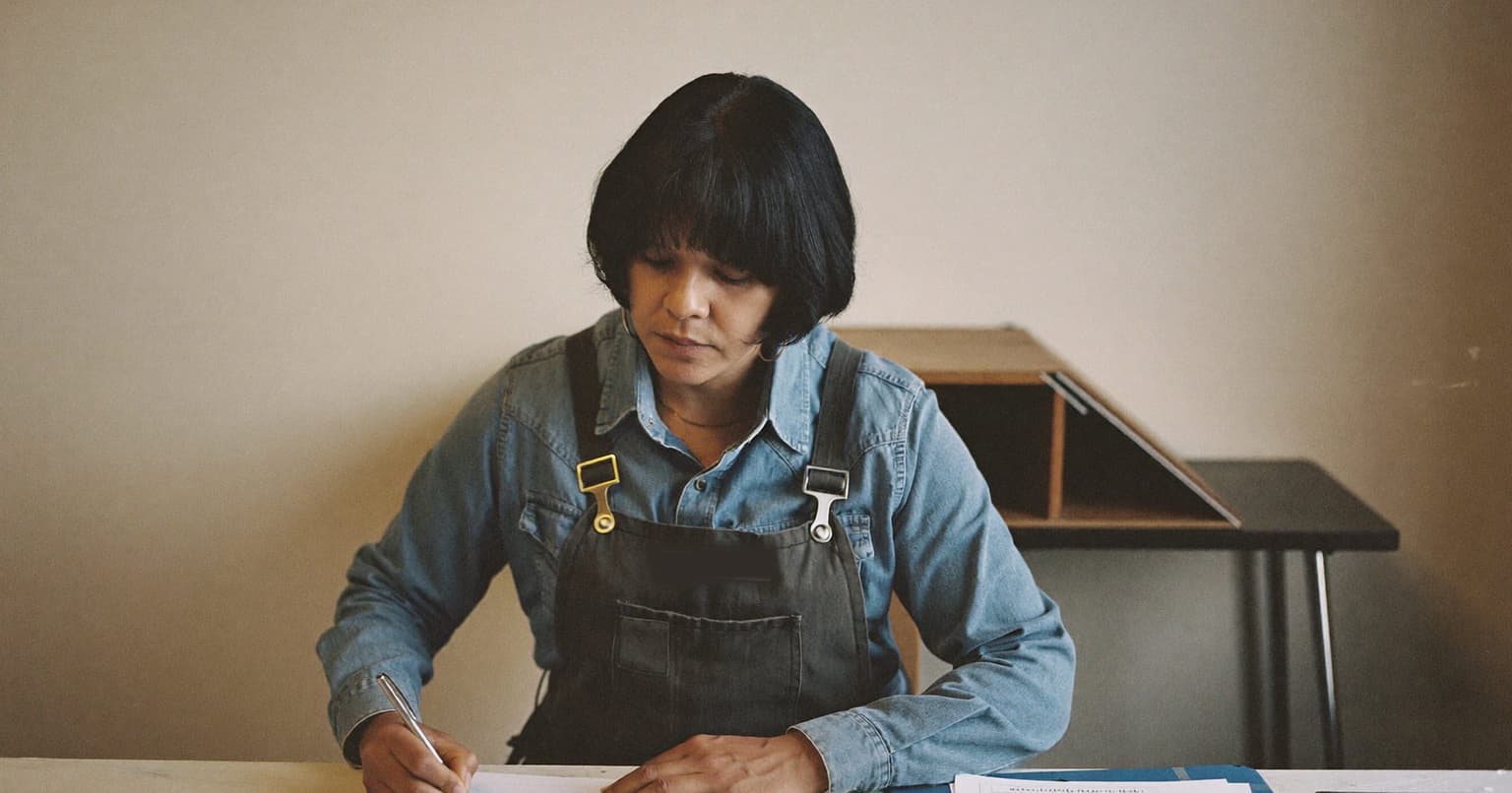 Small-business owner in a work apron filling out a paper tax form at her workshop desk